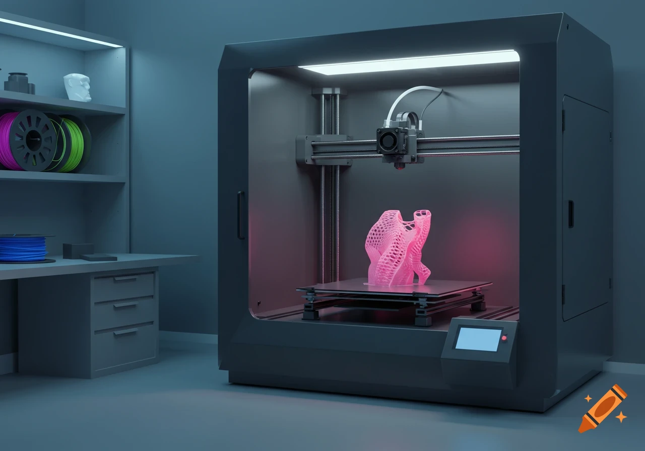 A dark gray 3D printer in a dimly lit room, glowing pink inside, as it prints a complex pink object. Filament spools are on a shelf.