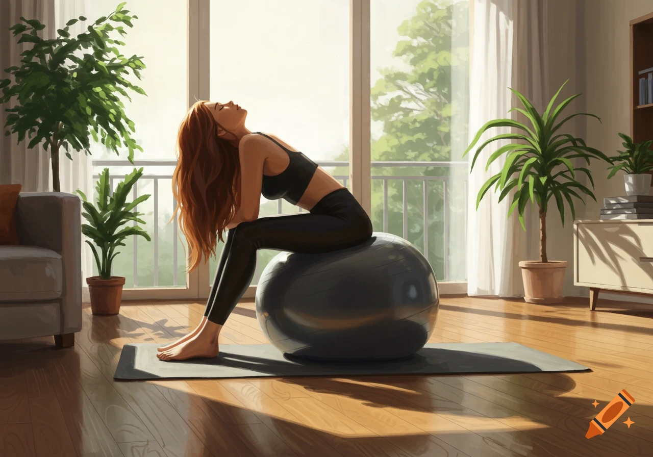 A woman with long red hair in a sports bra and black leggings stretches on an inflated yoga ball on a mat in a sunlit room with plants and large windows.
