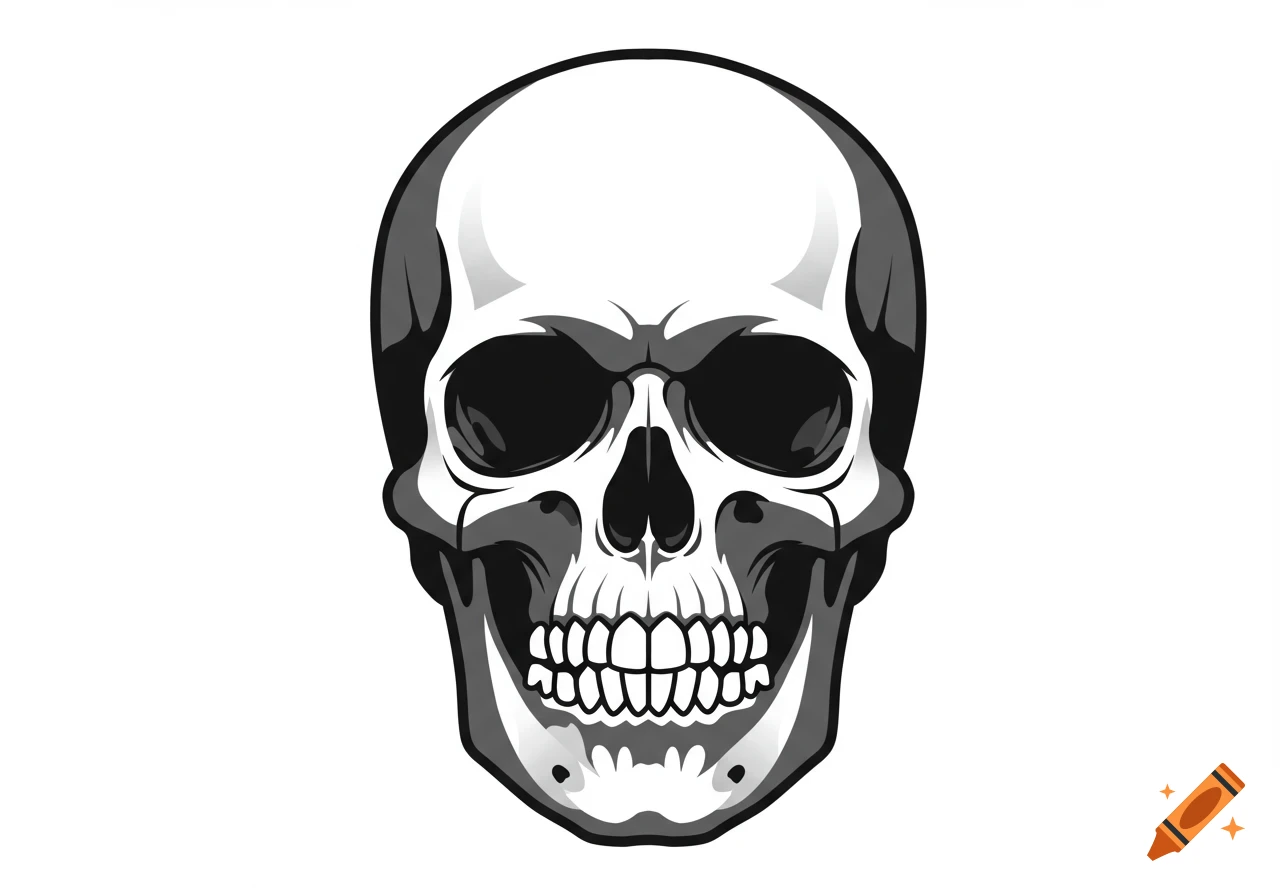 A black and white stylized vector illustration of a human skull.