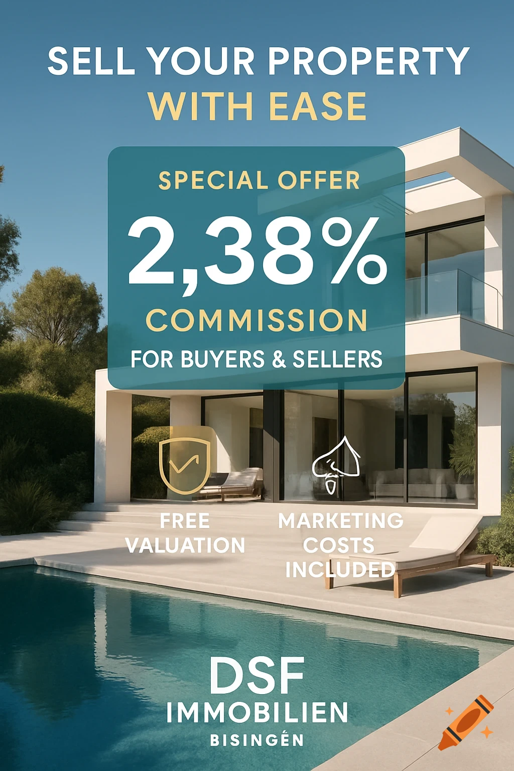 A modern white two-story house with a swimming pool, set against a blue sky, featuring text about a real estate commission offer.