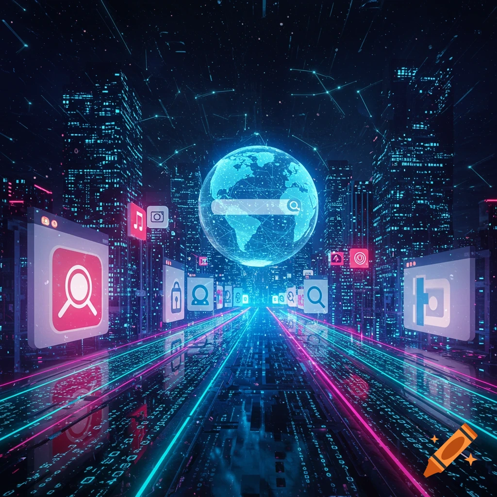 A futuristic digital city at night with neon lines leading to a glowing globe with a search bar, surrounded by web app icons.