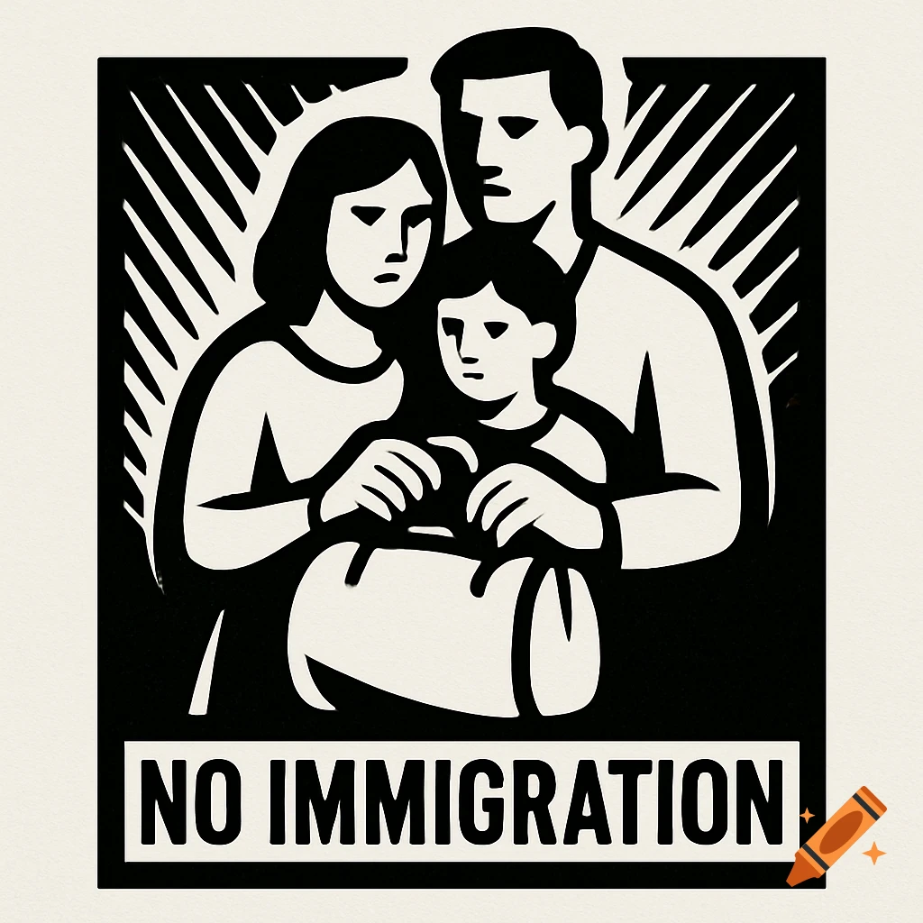 Black and white propaganda-style graphic of a family with a bag, text reads 'NO IMMIGRATION'.