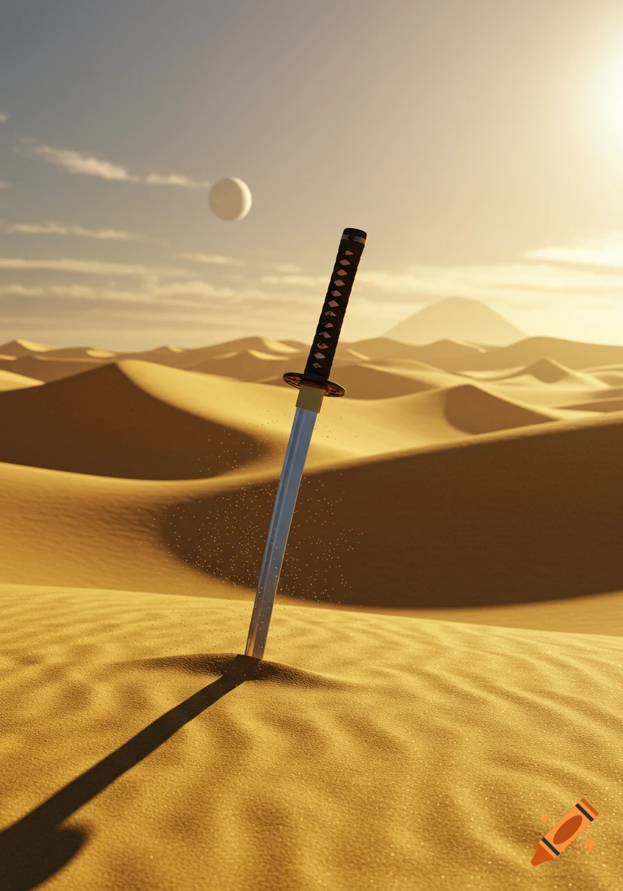 A katana stuck upright in a vast, sunny desert landscape with sand dunes and a distant white orb in the sky.