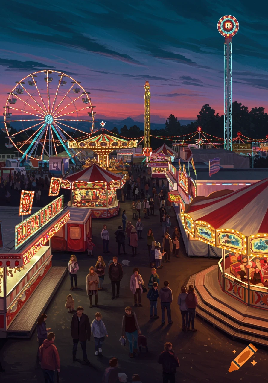 An illuminated amusement park at dusk, with a Ferris wheel, carousels, various rides, and many people walking around.