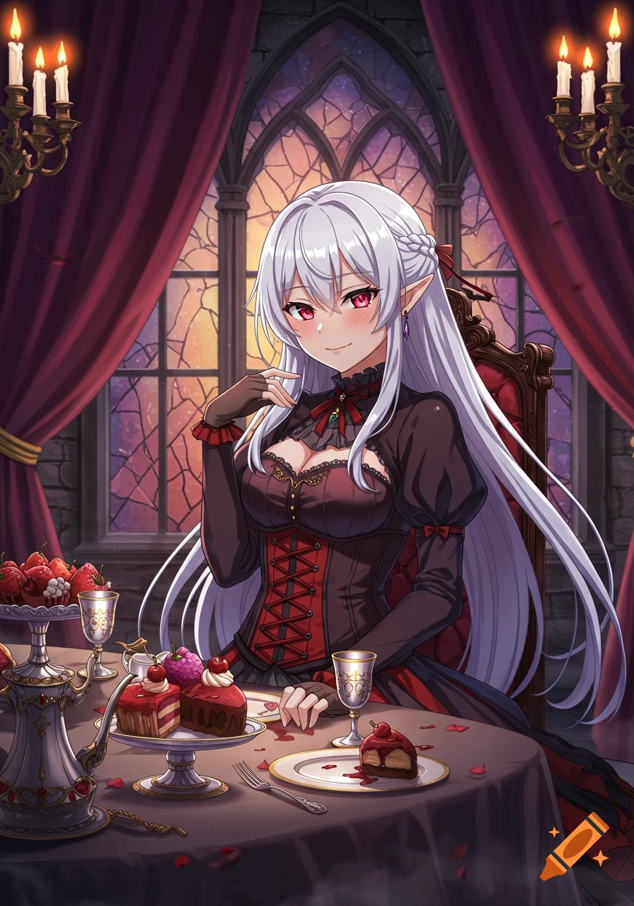 An anime vampire girl with long white hair and red eyes sits at a table with desserts in a gothic castle.