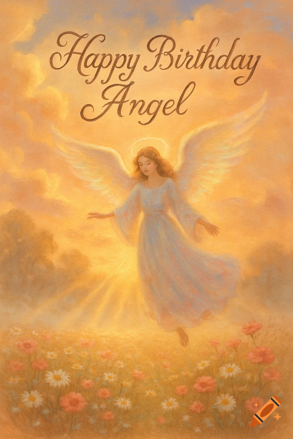 Angel with wings floats above a flower field under a warm, glowing sky, with 'Happy Birthday Angel' text. Ethereal art style.