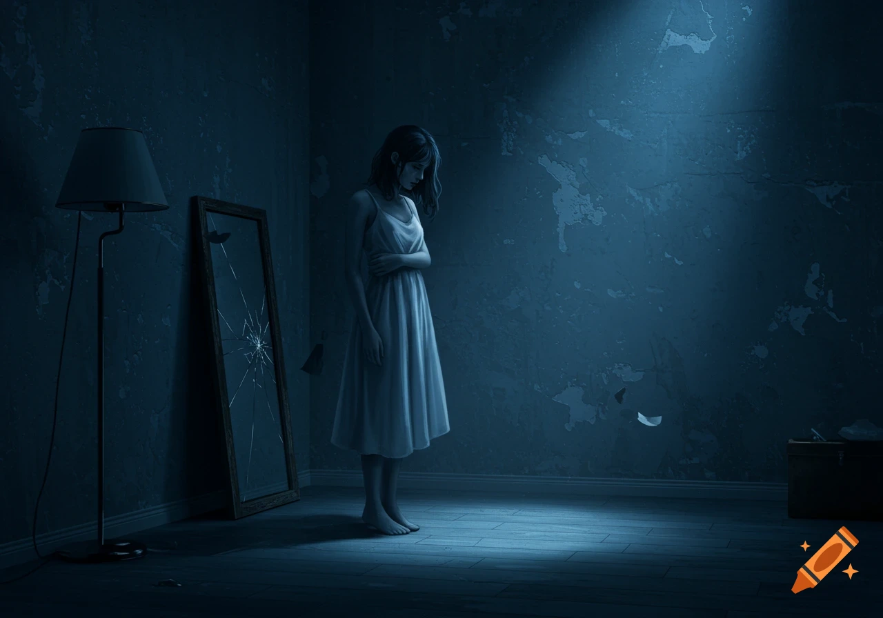 A somber woman stands barefoot in a dimly lit, dark blue room with a broken mirror and peeling walls, illuminated by a spotlight.