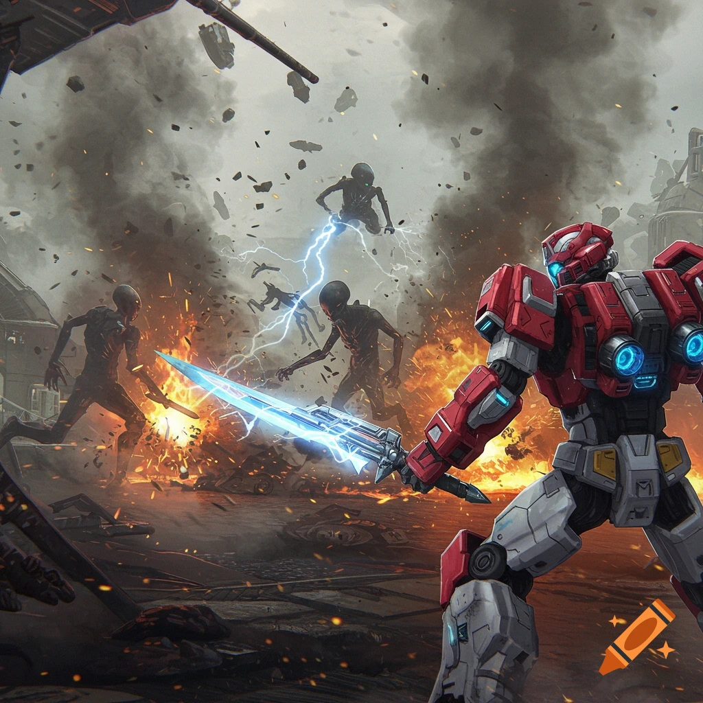 A red and white robot with a glowing blue sword battles shadowy alien figures amidst explosions and debris on a futuristic battlefield.