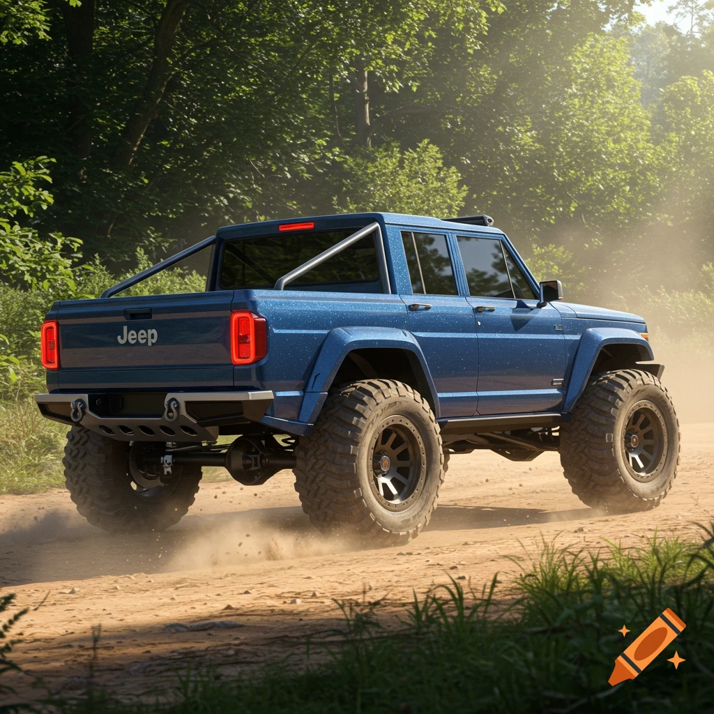 A photorealistic dark blue metallic flake lifted Jeep truck drives on a dusty dirt road through a sunny forest.
