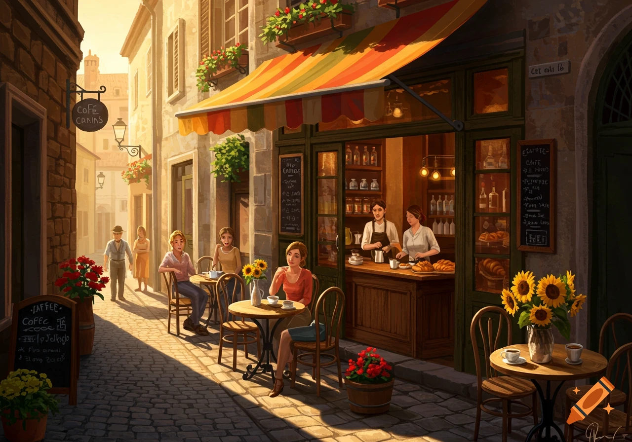 Artistic rendering of a lively European cafe with people seated at outdoor tables on a cobblestone street at sunset.