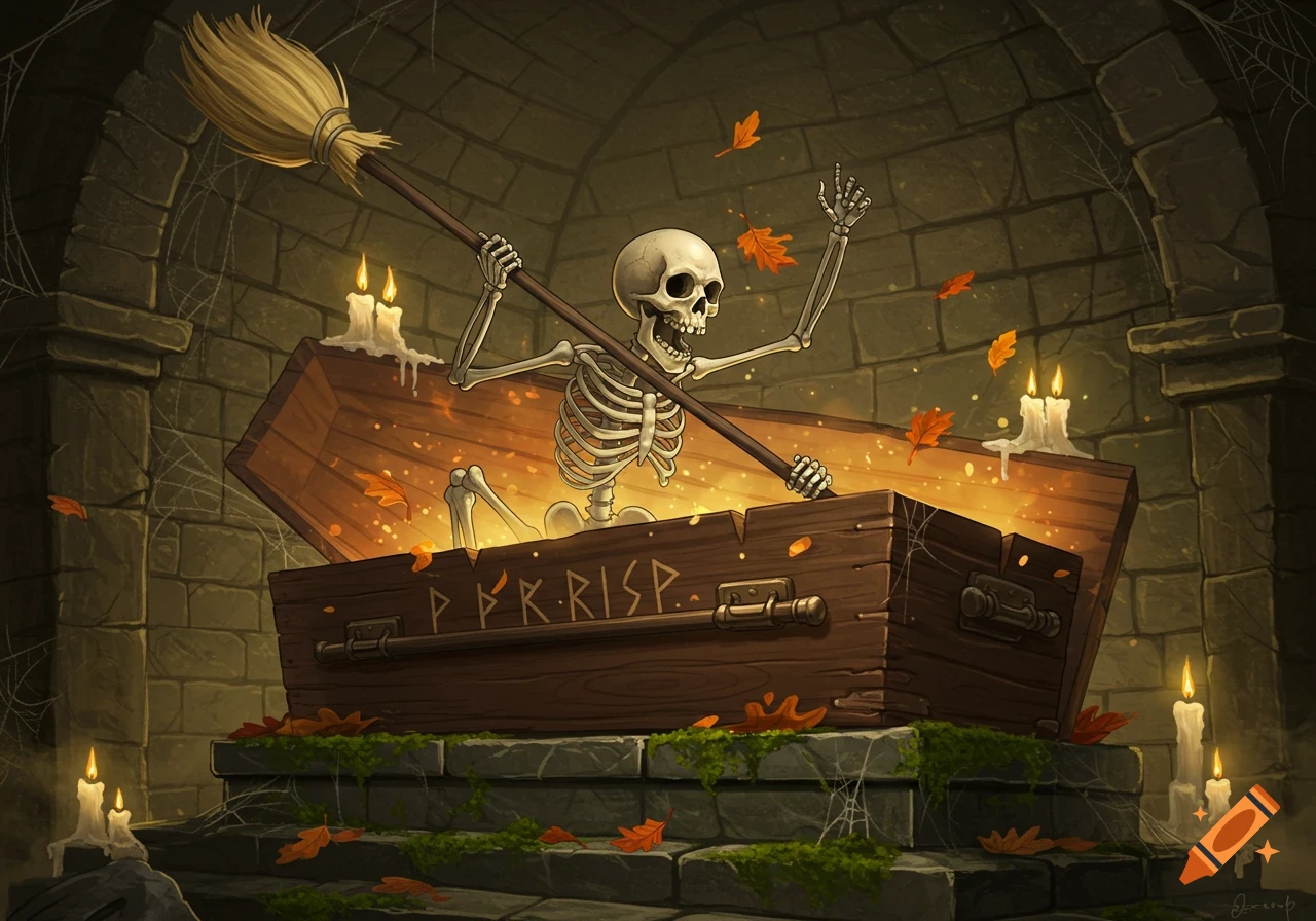 A cartoon skeleton emerges from a glowing coffin, holding a broom, surrounded by autumn leaves in a crypt.