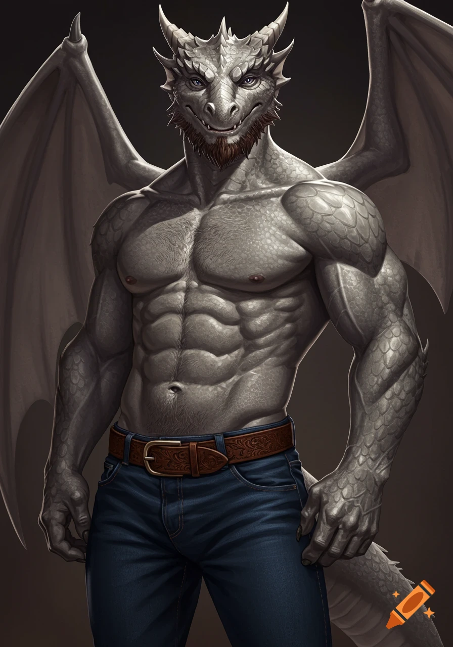 Semi-realistic illustration of a shirtless, muscular, gray anthropomorphic dragon with a beard and chest hair, wearing jeans and a belt, looking at the viewer with narrowed eyes and a slight smile.