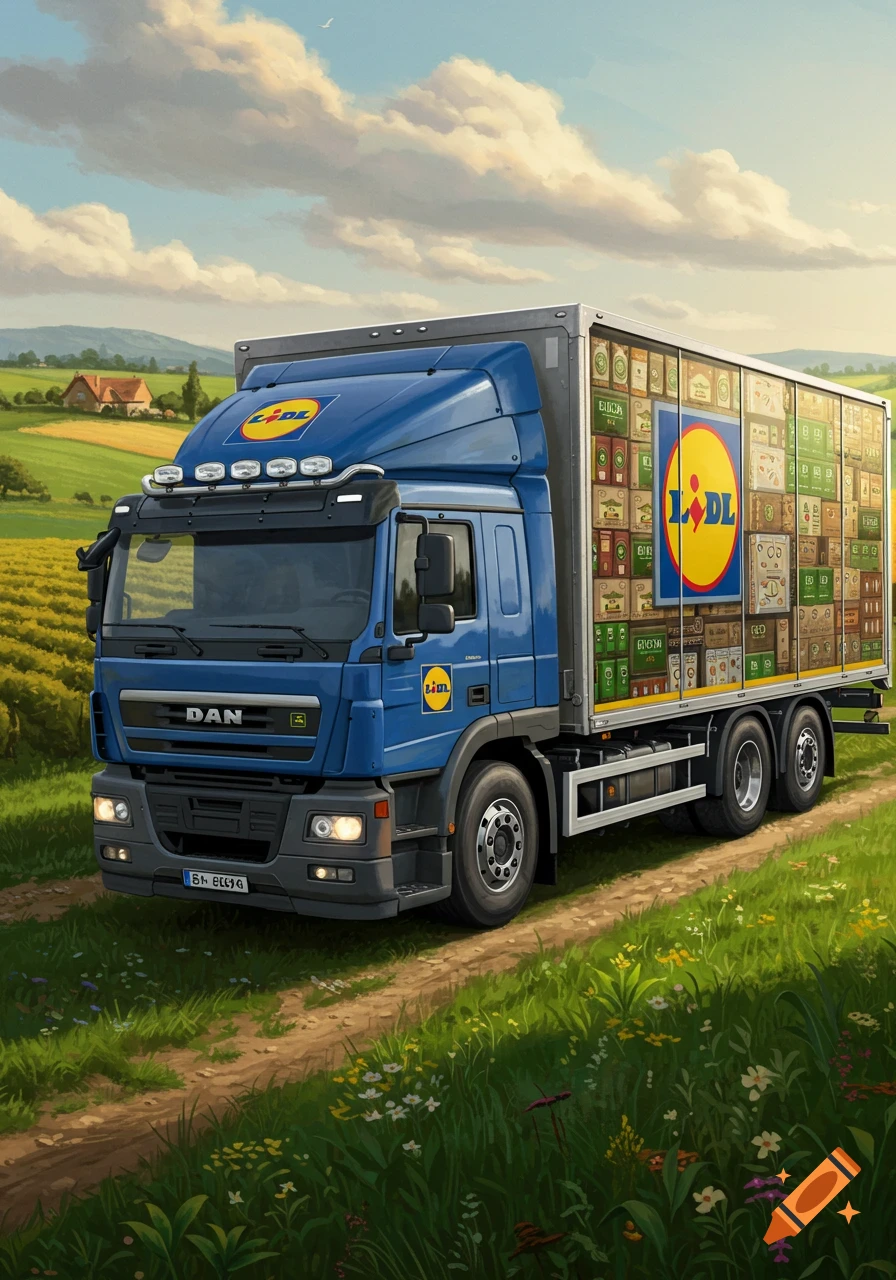 A blue Lidl truck drives on a dirt road through green fields under a partly cloudy sky, carrying boxes.