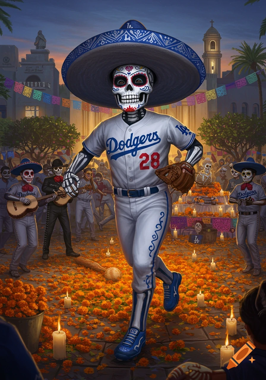 A calavera skeleton in a Dodgers baseball uniform and sombrero runs through a festive Day of the Dead street filled with marigolds and candles.