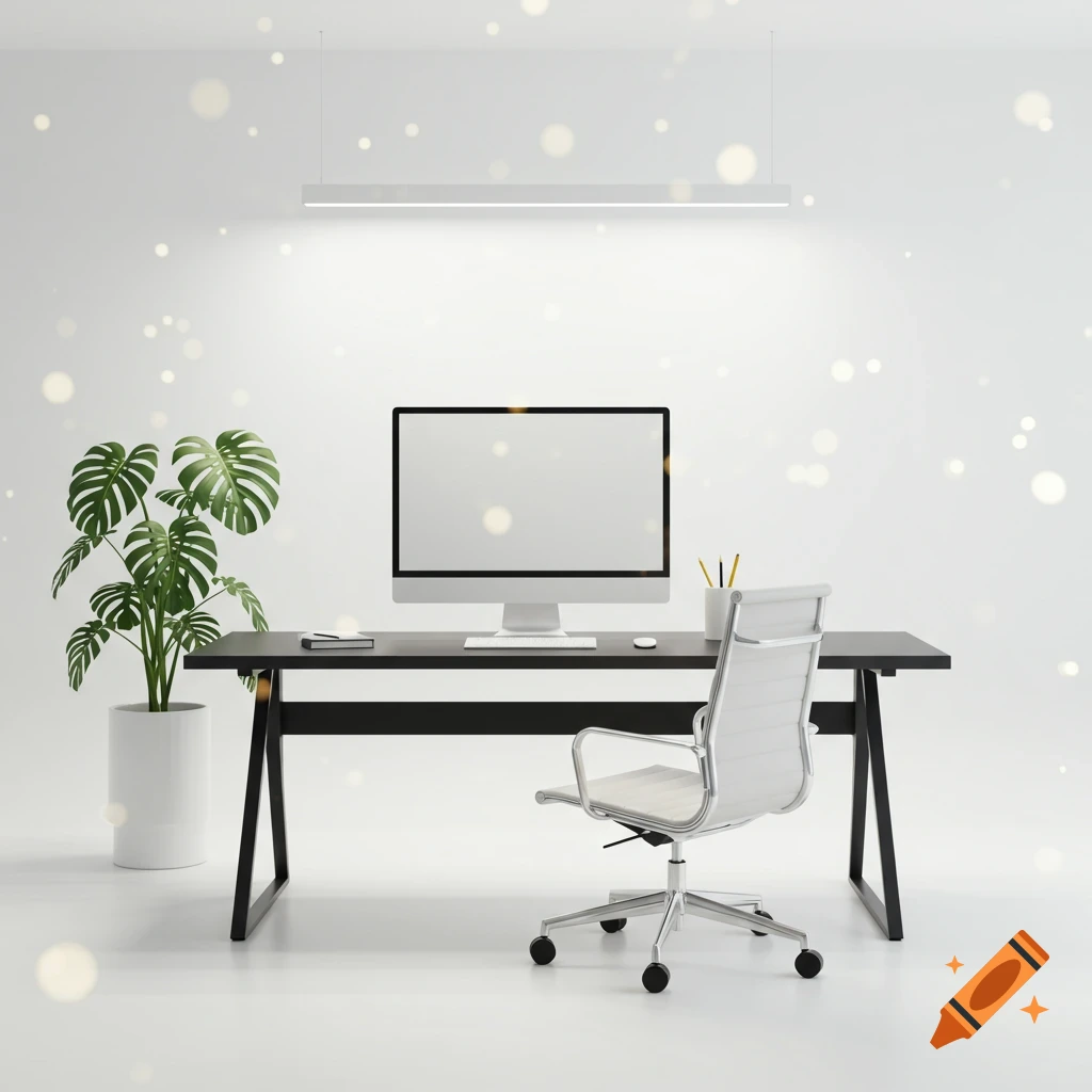 Modern office desk with a white monitor, office chair, and monstera plant against a minimalist white background with bokeh lights.