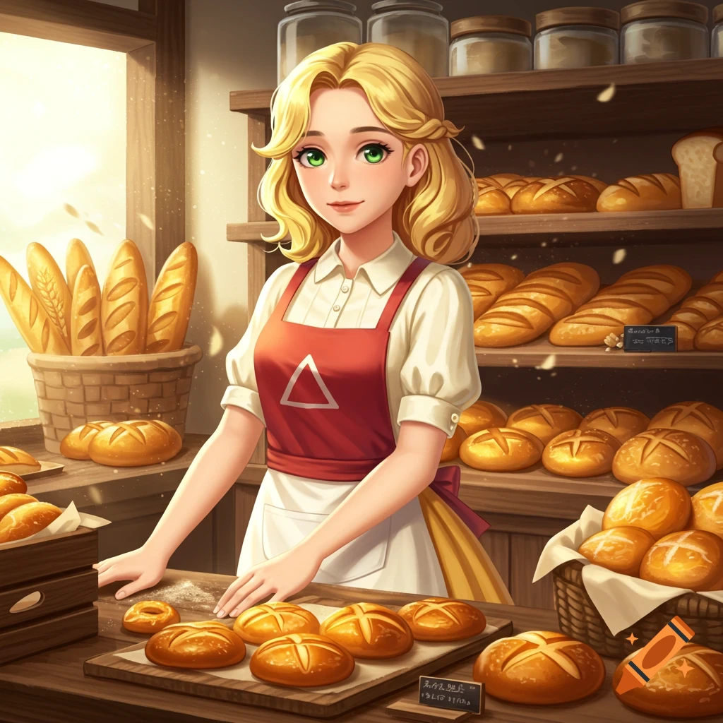 An anime-style blonde woman with green eyes and a red apron stands behind a counter filled with fresh bread in a sunlit bakery.