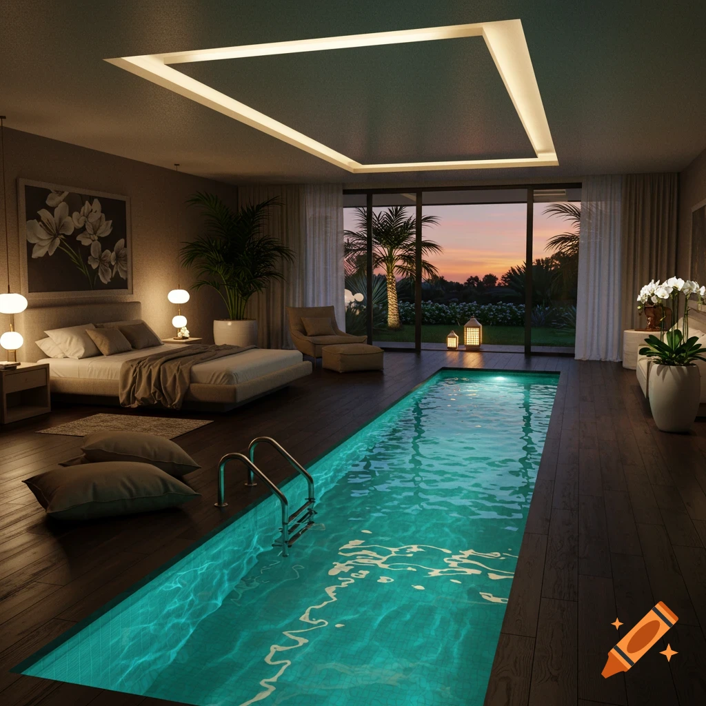 A luxurious bedroom featuring an indoor swimming pool, a large bed, and floor-to-ceiling windows overlooking a sunset garden.