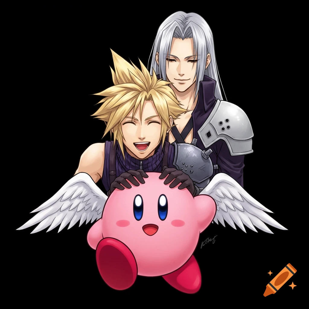 Cloud Strife and Sephiroth from Final Fantasy 7 smile while gently petting Kirby, who has small wings, on a black background in an anime style.