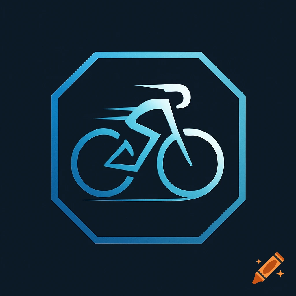 A stylized blue logo featuring a cyclist on a racing bike with speed lines within an octagonal frame.