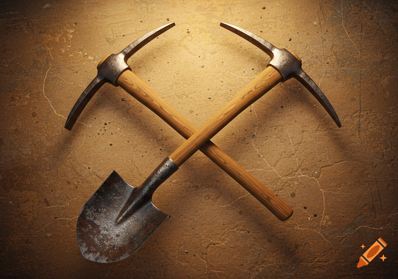 A photorealistic image of a shovel and a pickaxe crossed on a textured, earthy surface.