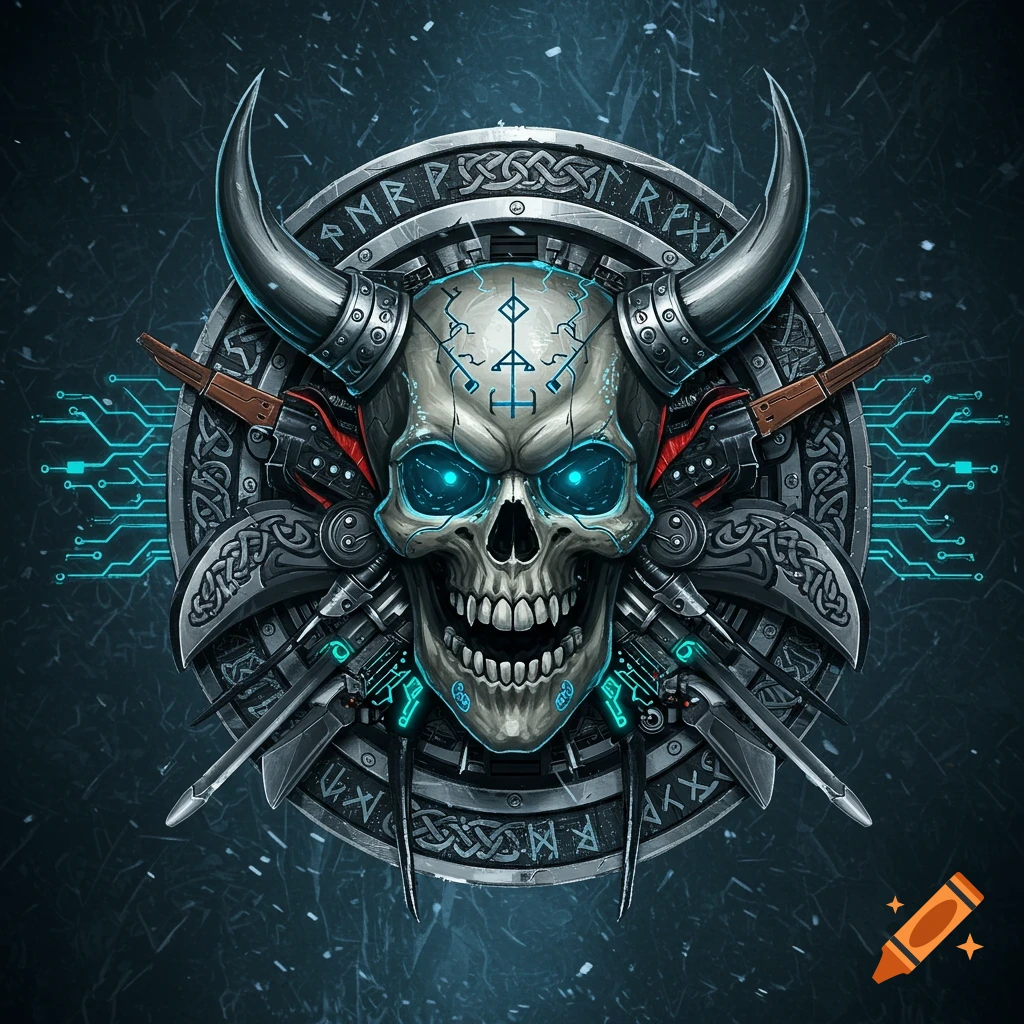 A stylized horned skull icon with glowing blue eyes, adorned with Viking runic patterns, cybernetic circuits, and weapons on a dark, textured background.