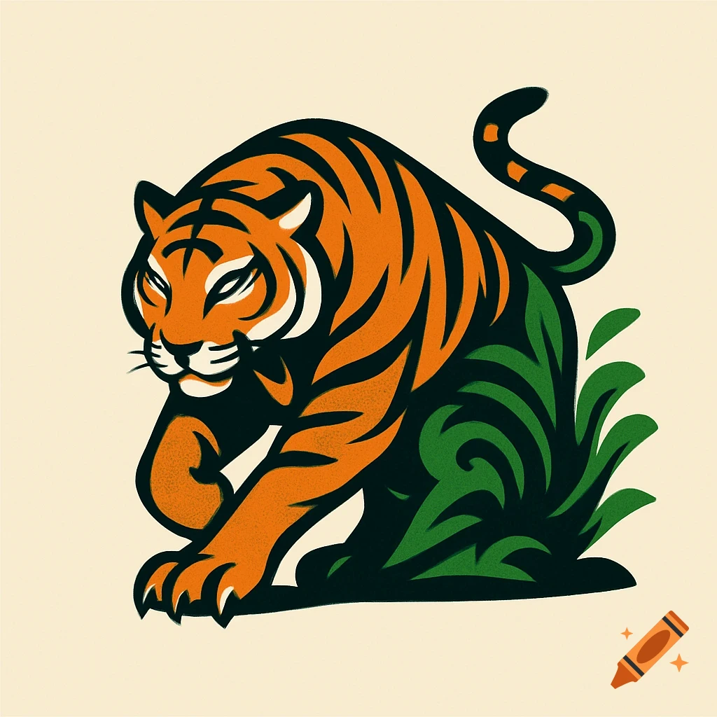 A stylized orange and black tiger logo with green foliage, depicted in a graphic art style on a cream background.
