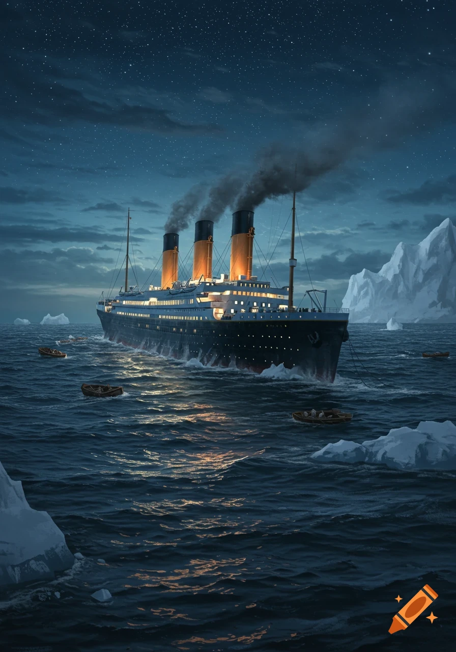 The illuminated Titanic cruise ship sails through a dark, star-lit ocean at night, surrounded by icebergs and small lifeboats.