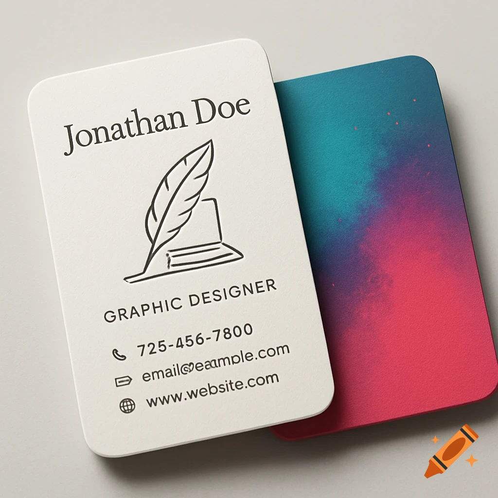 A white business card with rounded corners, featuring the name Jonathan Doe, Graphic Designer, a quill and laptop logo, phone number, email, and website, partially overlapping a second business card with a teal and pink watercolor background.