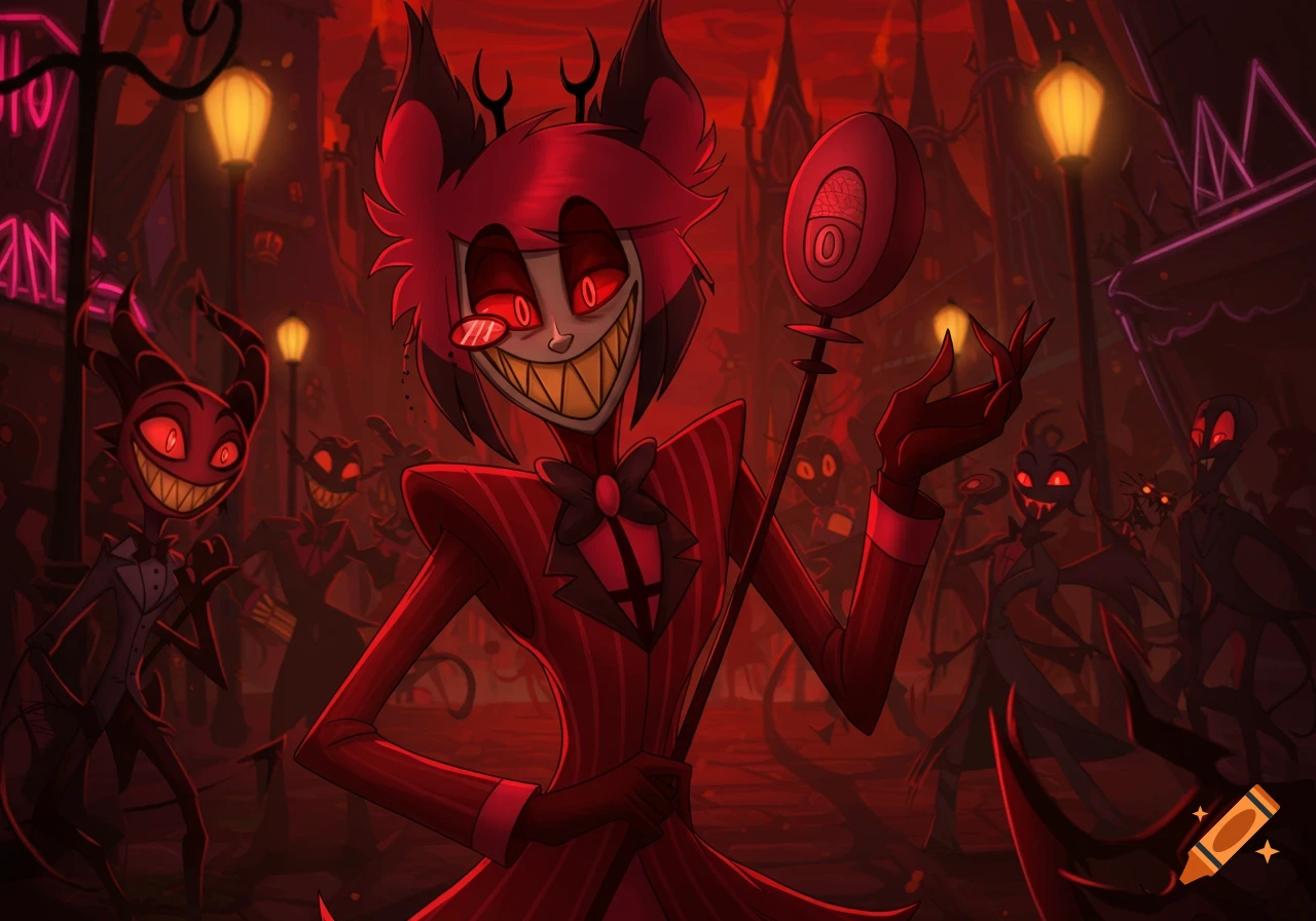 Alastor, a red demon with a wide grin and monocle, holds a microphone staff in a stylized red-toned city street filled with other smiling demons in a cartoon style.