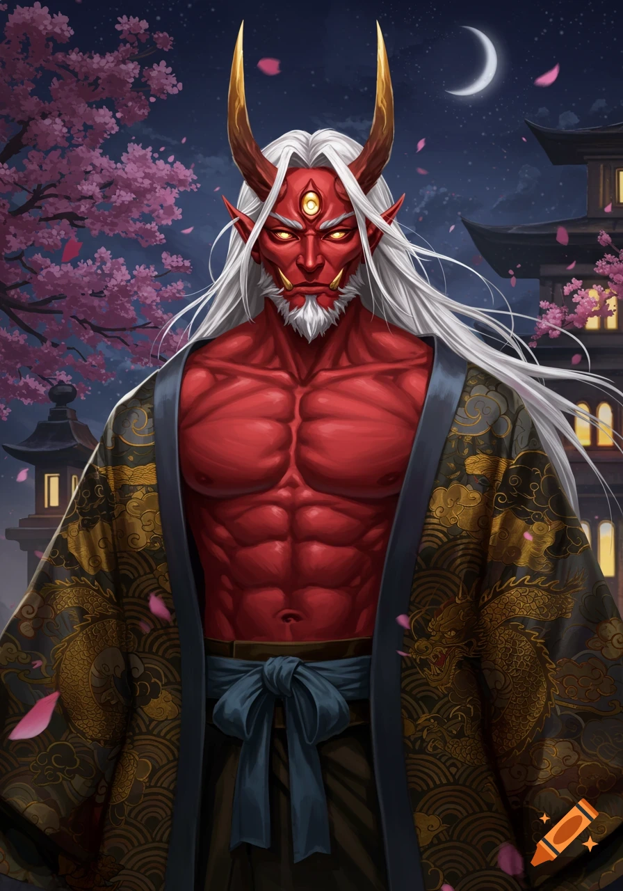 Red-skinned oni with gold horns, white hair, and a third eye in a black and gold kimono, under a night sky with cherry blossoms.