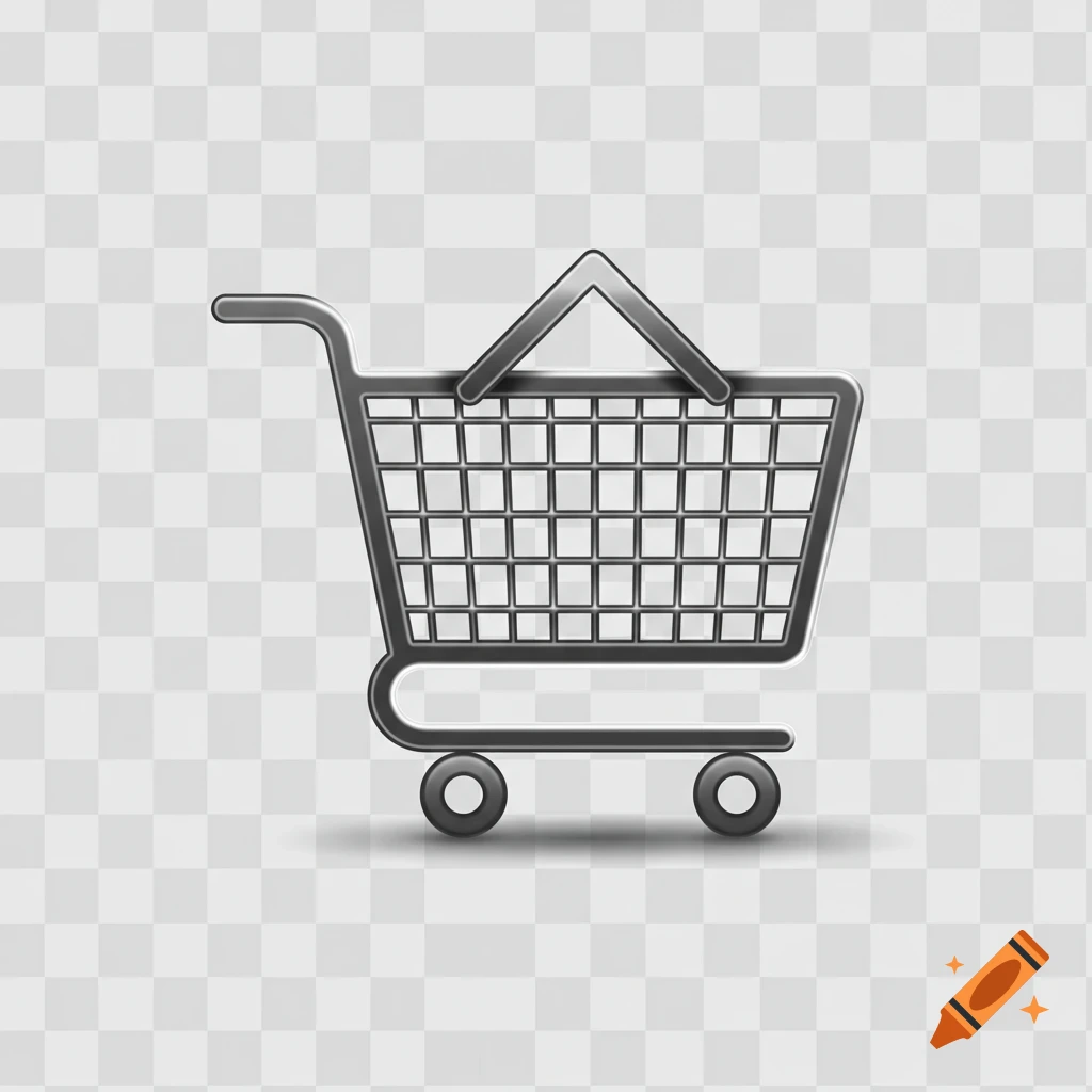 A silver shopping cart icon on a transparent background.