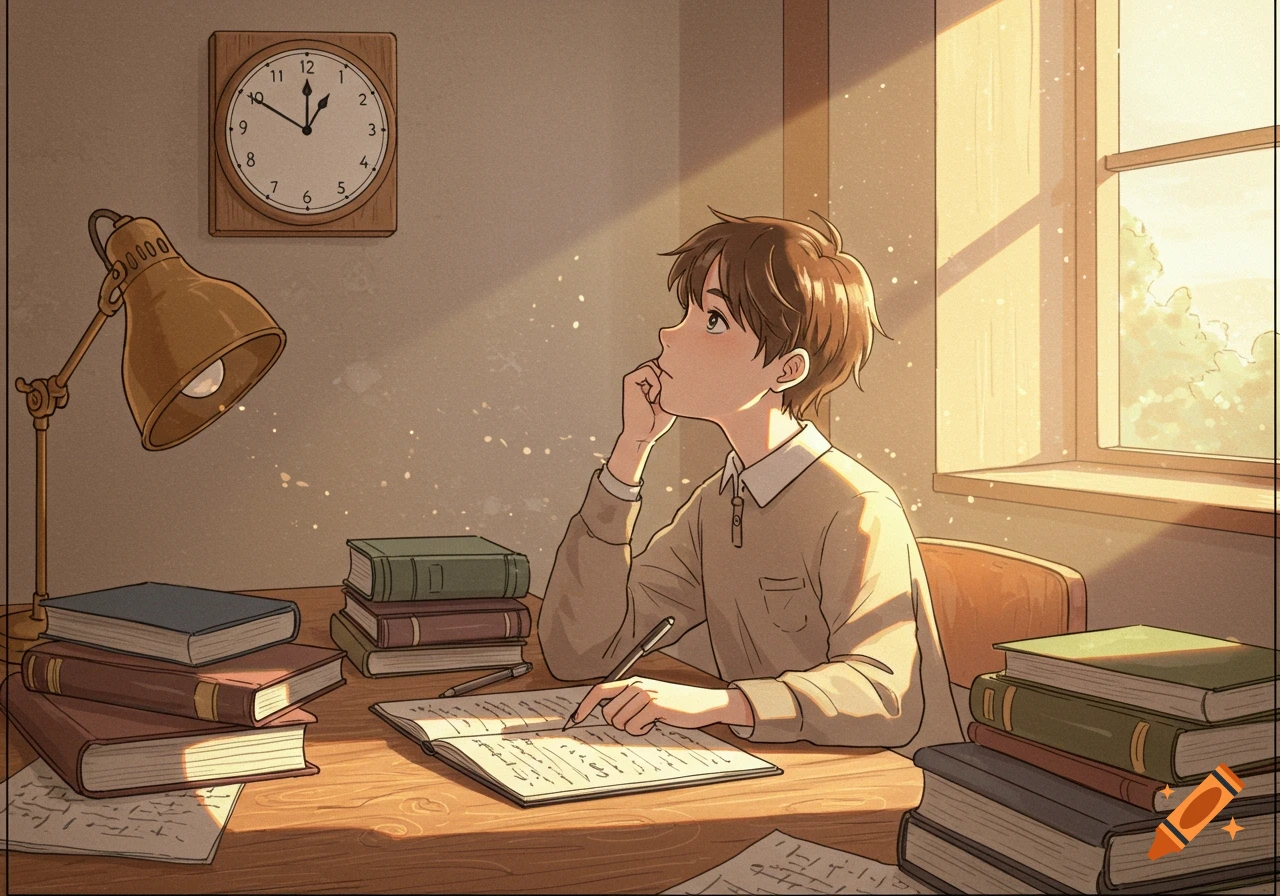 An anime-style image of a male student looking thoughtfully upwards while sitting at a desk filled with books and writing in a notebook, illuminated by a desk lamp and sunlight from a window.