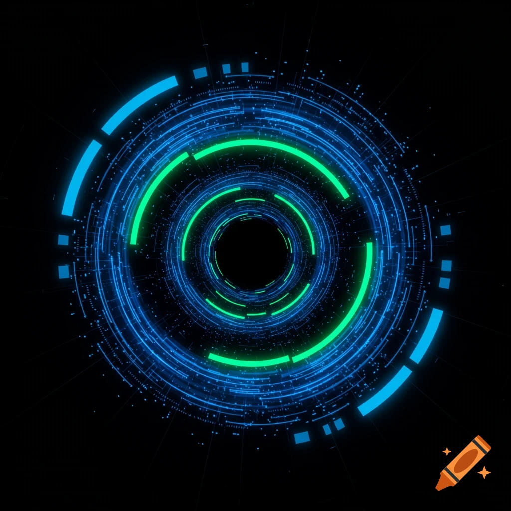 An abstract digital graphic featuring concentric glowing blue and green circles with intricate lines and dots, set against a black background.