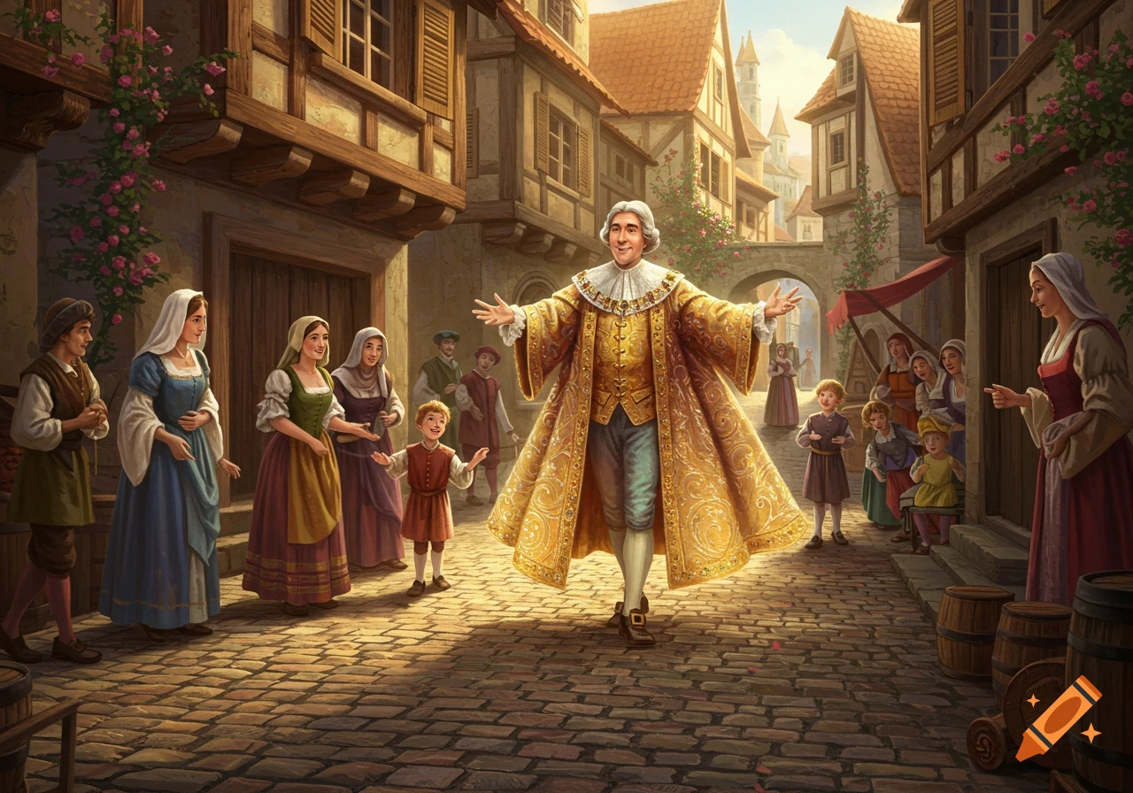 A man in a flamboyant golden coat with outstretched arms strides down a cobbled medieval town street, surrounded by watching townsfolk.