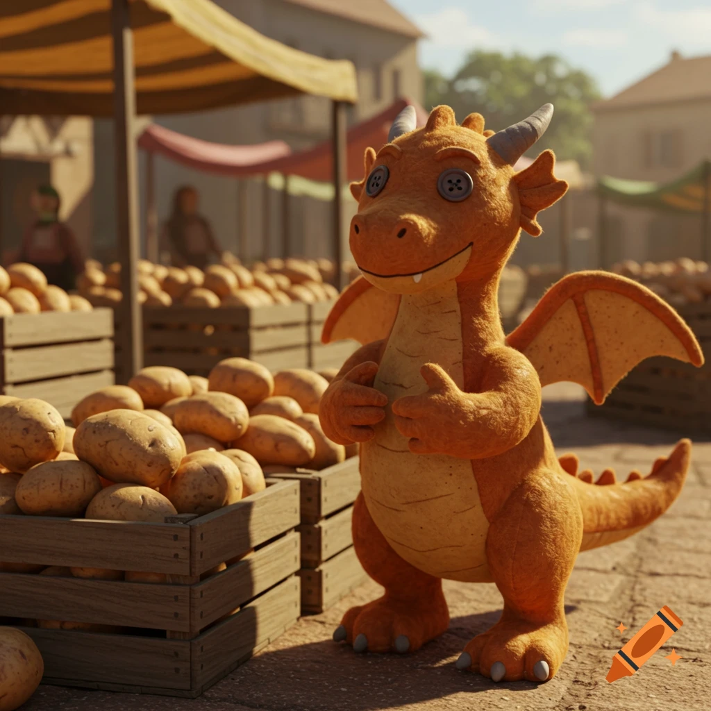 A happy, orange plush dragon with button eyes stands next to wooden crates filled with potatoes at a sunny outdoor market.
