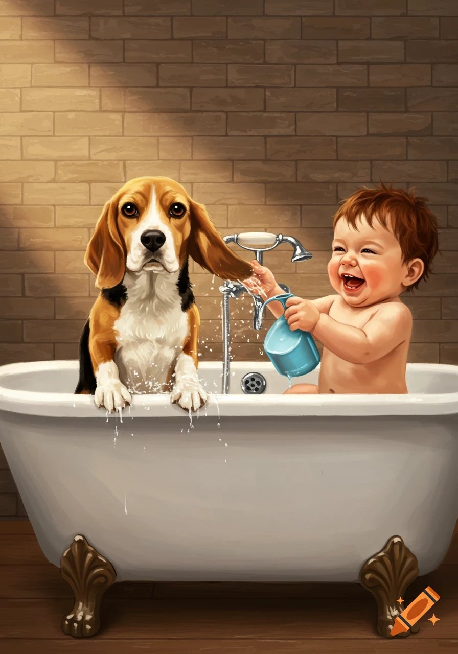 A laughing baby bathes a beagle's ear in a white bathtub against a brick wall, digital illustration.