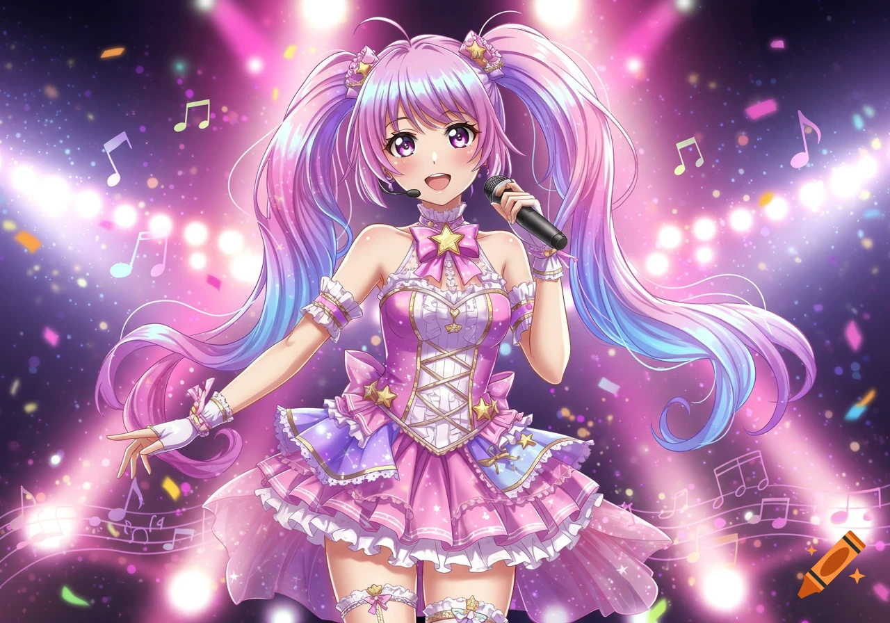 Anime girl with long pastel pink and blue pigtails, wearing a frilly pink dress, singing into a microphone on a brightly lit stage.