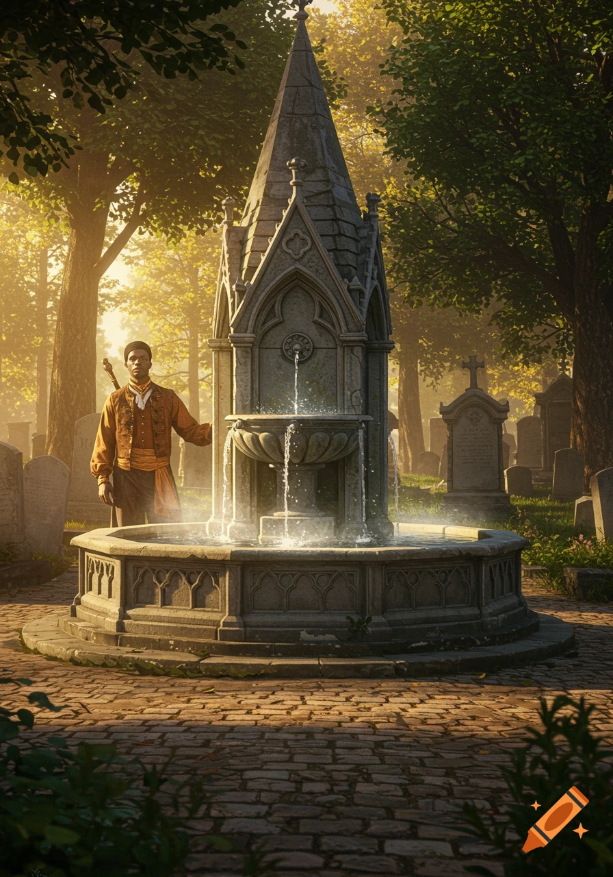 A proud black man stands next to a gothic fountain in a sunlit graveyard.
