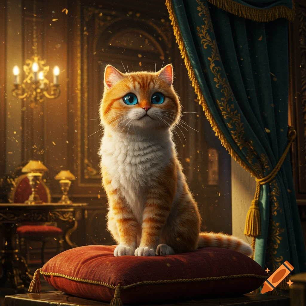 A cute, stylized orange and white cat with large blue eyes sits on a ...