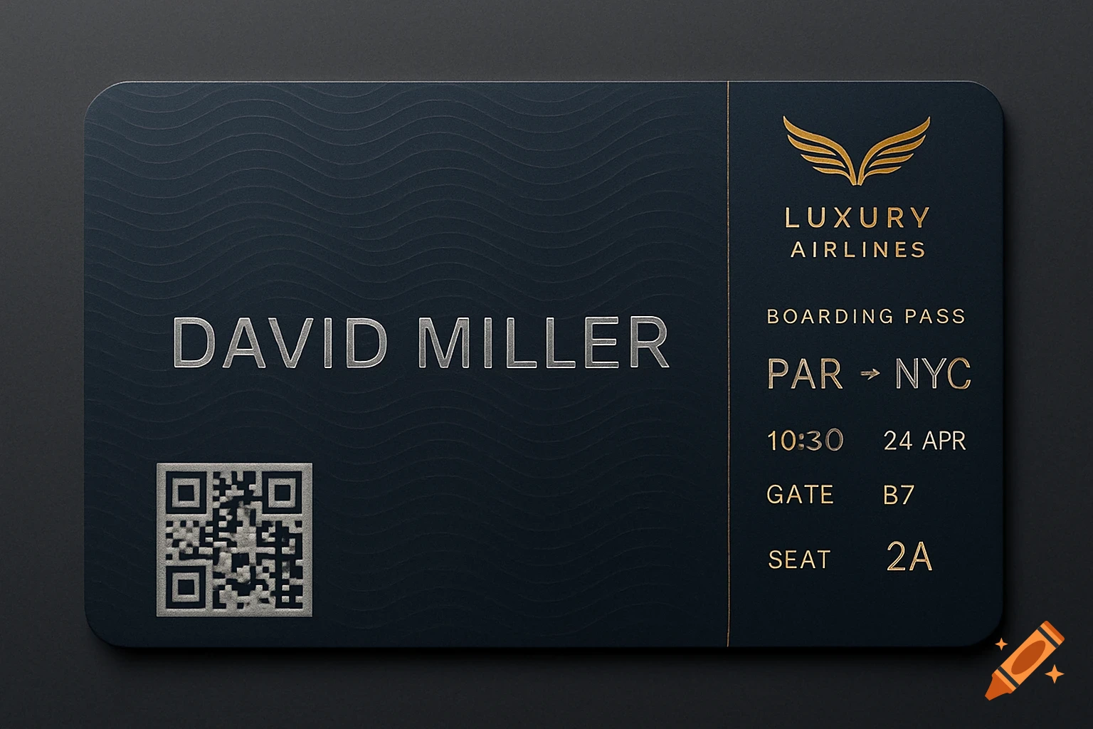 A dark blue luxury airline boarding pass with gold and silver embossed text, featuring the name David Miller, a QR code, and flight details from Paris to New York City.