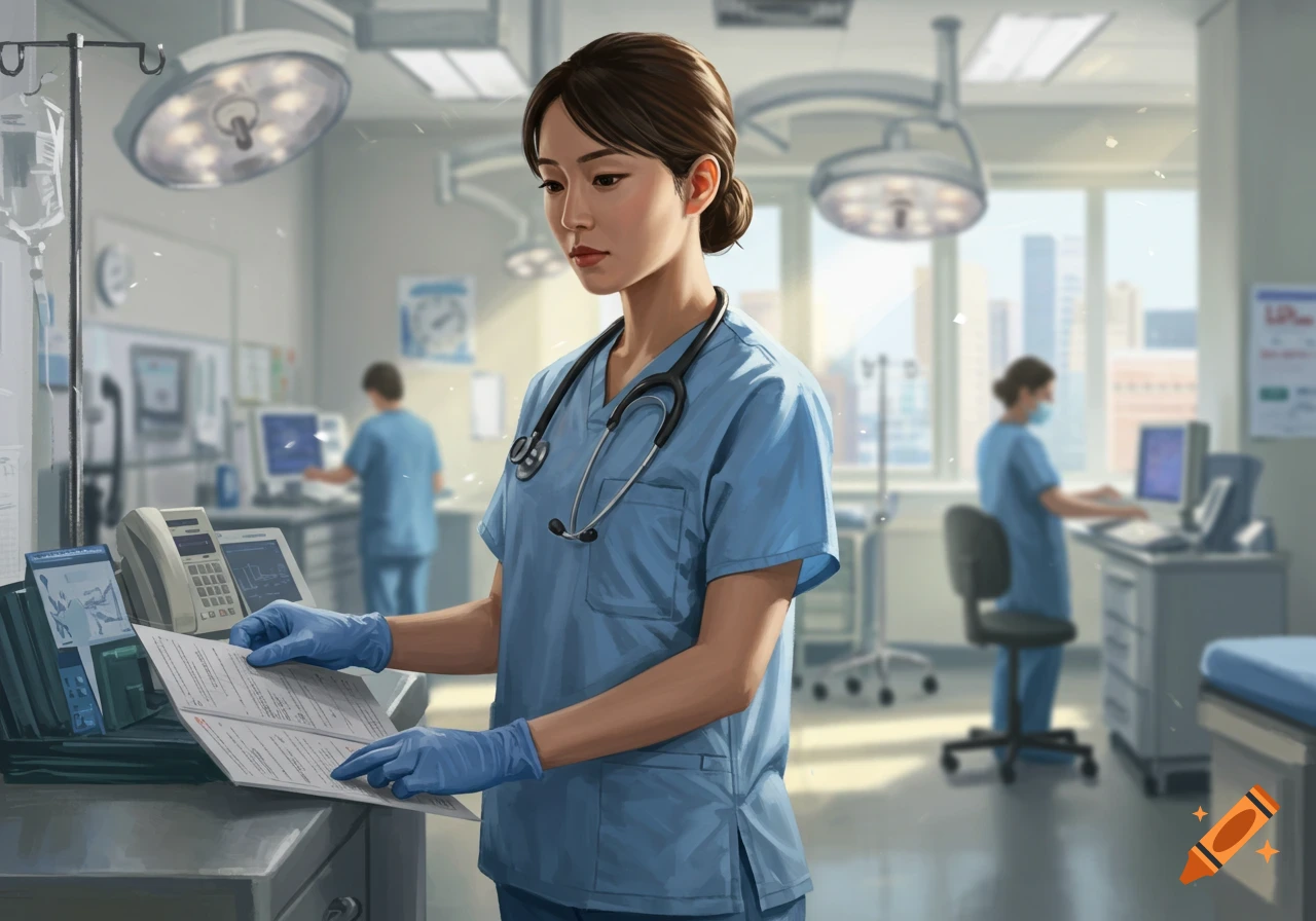 A photorealistic image of a female nurse in blue scrubs and gloves, reading documents in a brightly lit hospital room.