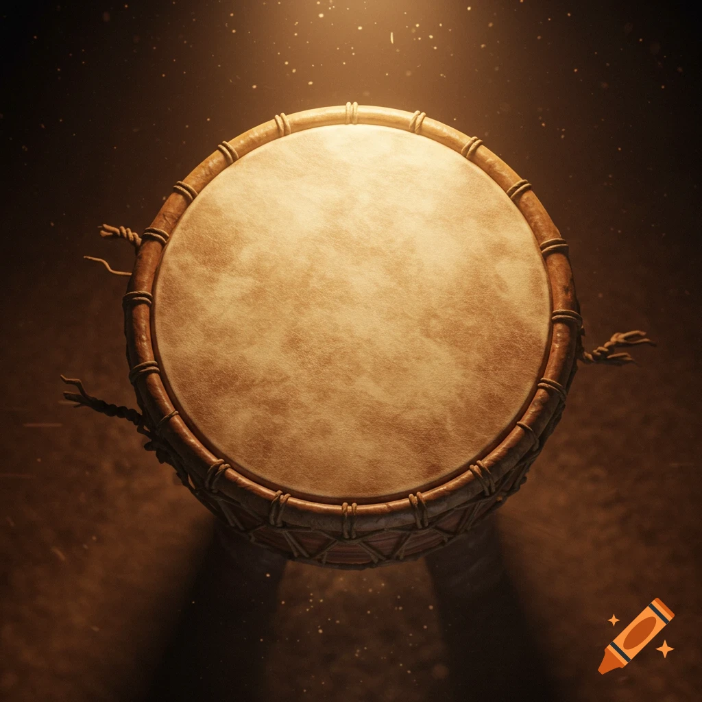 Top-down view of a traditional drum with a textured head and intricate lacing under warm light.