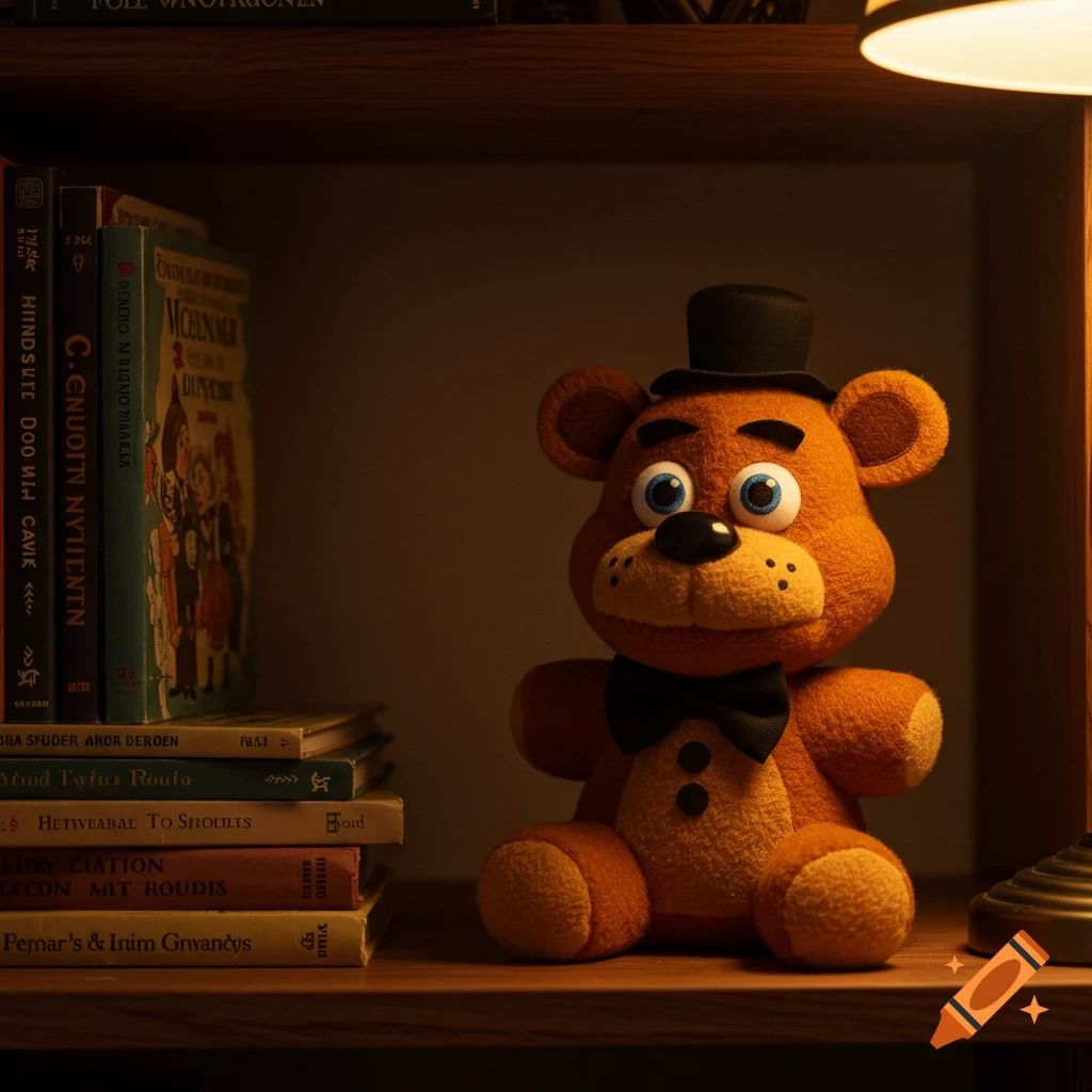 A cute, brown Freddy Fazbear plush toy with a black top hat and bowtie sits on a wooden shelf next to a stack of books and a lamp, in a dimly lit room.