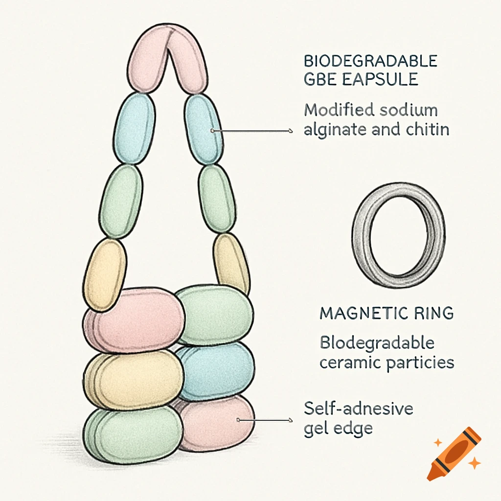 Technical drawing of a crossbody bag made from colorful, oval, biodegradable gel capsules. Labels describe materials like sodium alginate, chitin, and ceramic particles in a magnetic ring, with a self-adhesive gel edge.
