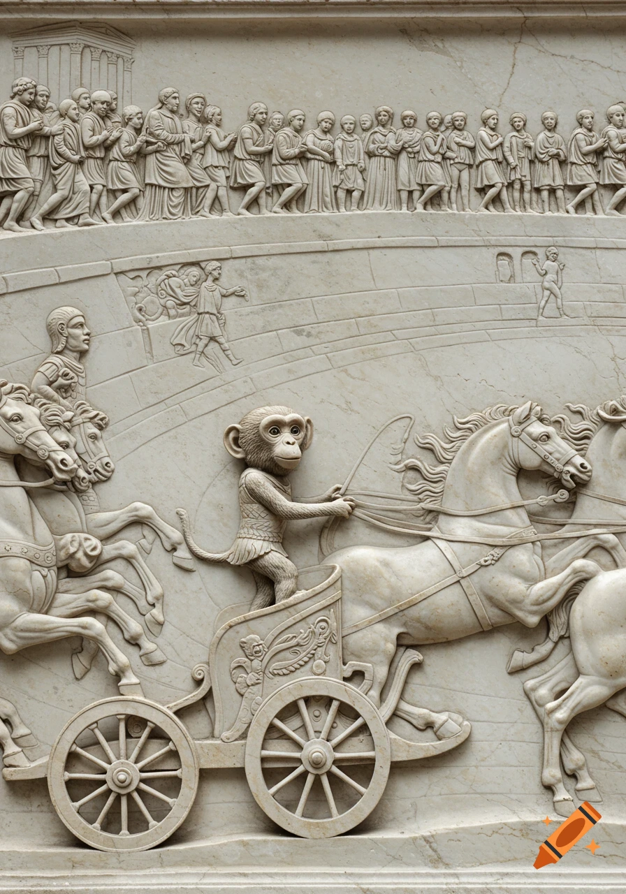 A detailed marble relief depicts a monkey driving a chariot pulled by horses in a race, with spectators lining the track.