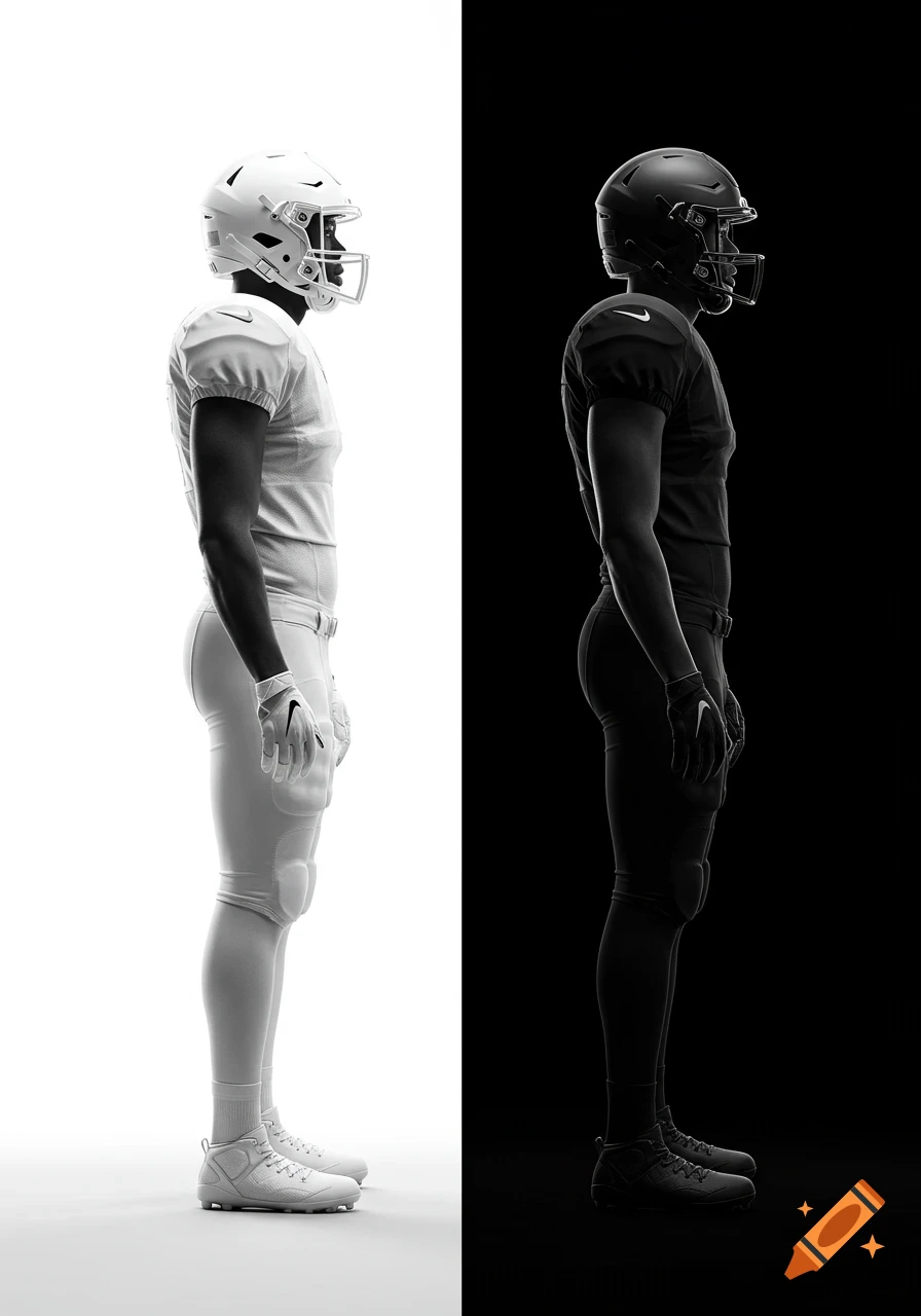 Two American football players, one in white uniform on white background, one in black uniform on black background.