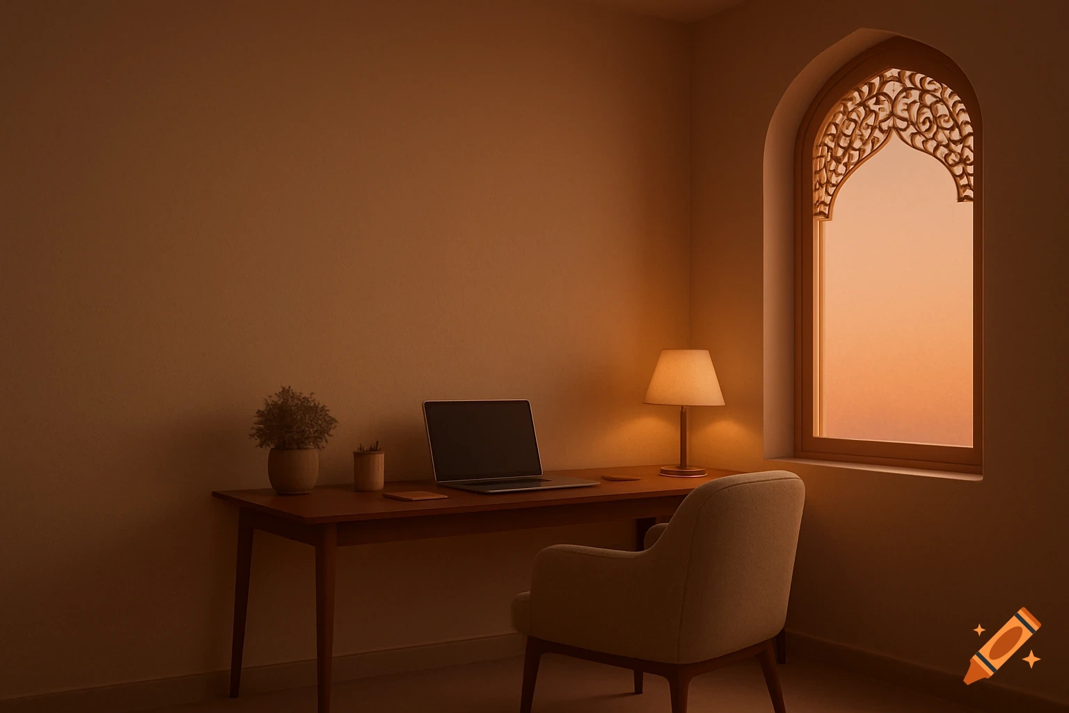A cozy home office at sunset with a desk, laptop, lamp, and chair, featuring an ornate arched Arabic window, illuminated by warm orange light.