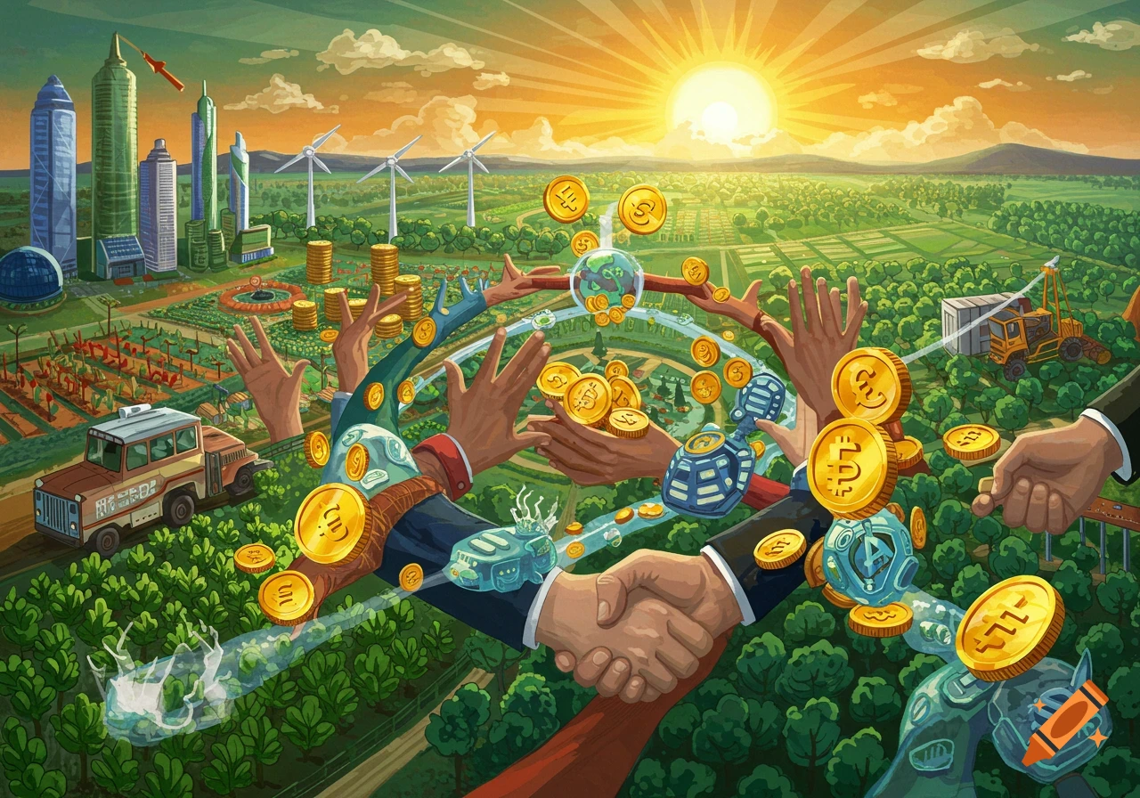 A vibrant, conceptual illustration depicting a mixed economy with city skyscrapers, wind turbines, farms, and hands exchanging gold coins with currency symbols like Euro, Dollar, and Bitcoin, all under a bright sun.