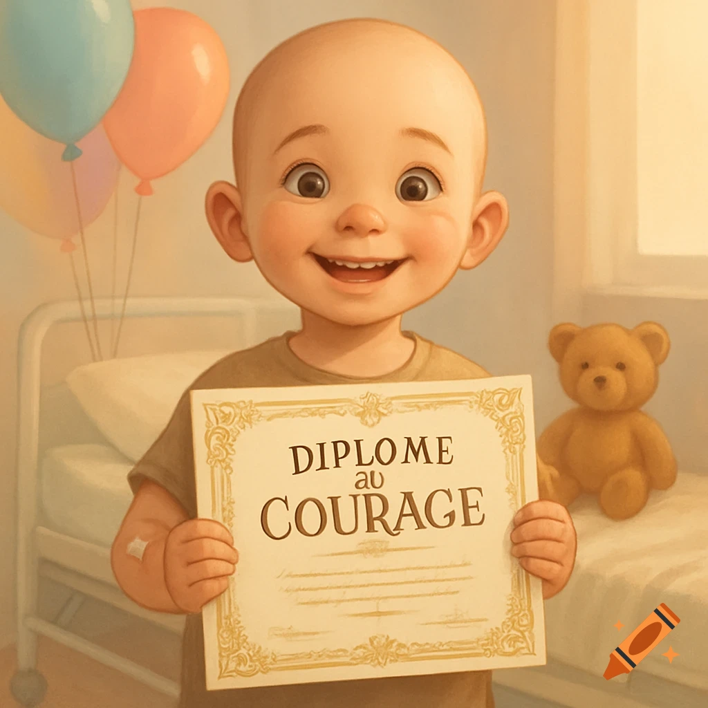 A bald, smiling cartoon child in a hospital room holds a 'Diplome au Courage' (Diploma of Courage) certificate. Balloons and a teddy bear are in the background.