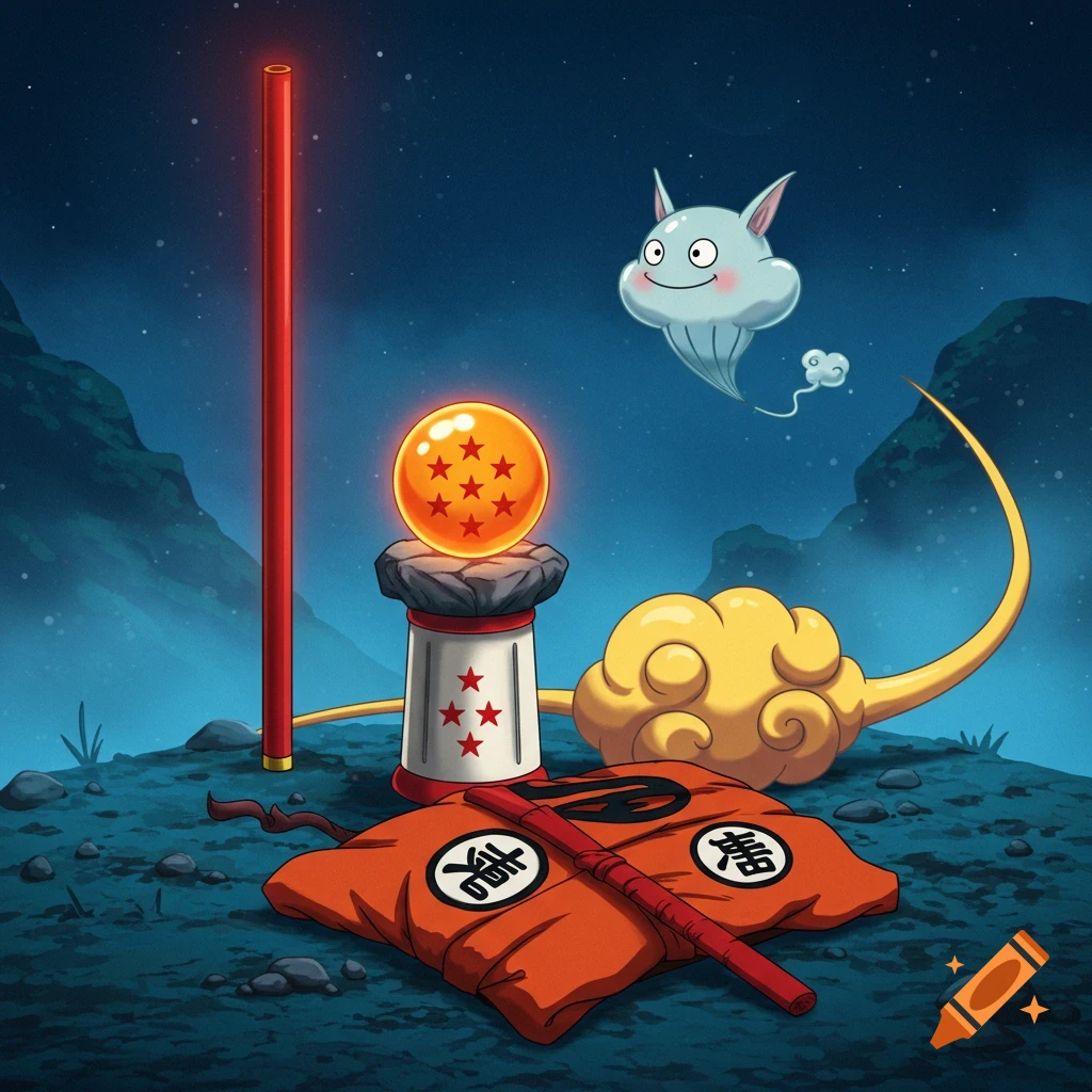 Cartoon depiction of Dragon Ball items: a red power pole, a 7-star Dragon Ball on a stand, the Nimbus cloud, Goku's gi with Kanji, and a small ghost character under a starry night sky.